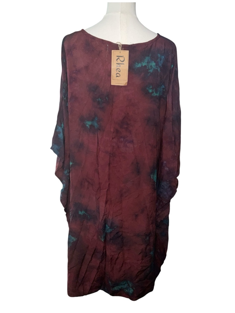 NWT Rhea Tie Dye Rayon Kaftan Tunic Top One Size Boho Burgundy Teal A30 - Picture 4 of 7